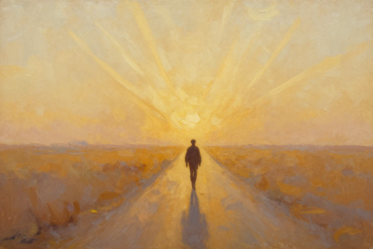A figure walking towards a distant horizon of light — the lasting influence of a teacher
